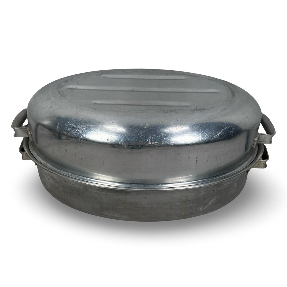 Vintage Reynolds Lifetime Aluminum Oval Roaster Pan Domed Lid Steamer Rack 18in